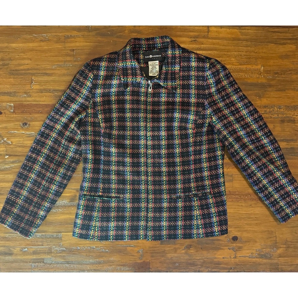 Sag Harbor Petite 10P Tweed Zip Jacket Multicolor Plaid Lined Career